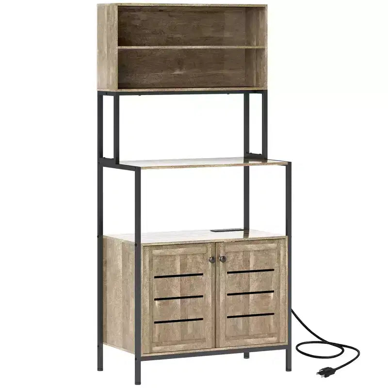 HOMCOM Baker's Rack with Power Outlet, Coffee Bar Cabinet with Storage Shelves, Microwave Stand with Louvred Door Cabinets, Gray Wood Grain