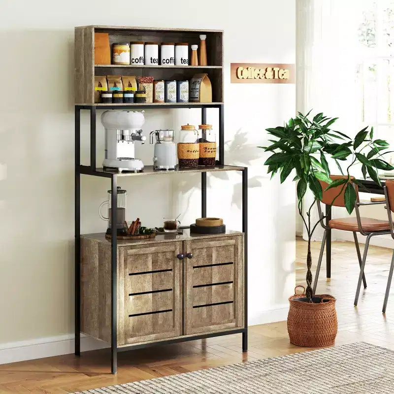 HOMCOM Baker's Rack with Power Outlet, Coffee Bar Cabinet with Storage Shelves, Microwave Stand with Louvred Door Cabinets, Gray Wood Grain