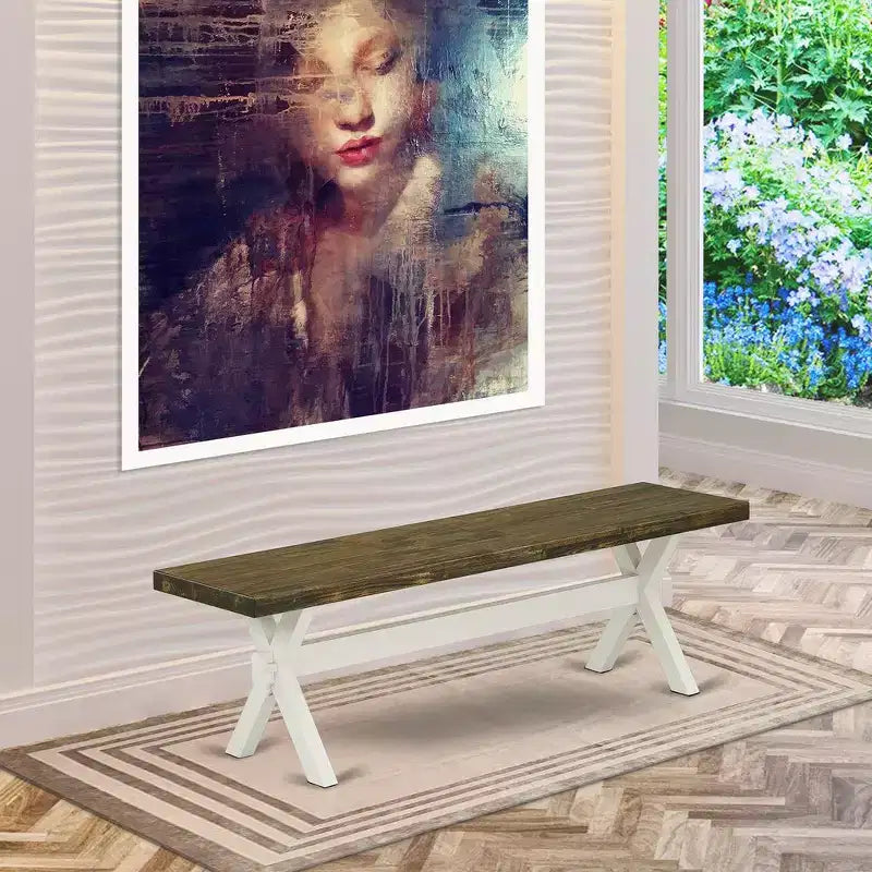 HomeStock X-Style Modern Dining Bench with Solid Wood Seat, 60x15x18 Inch, White/Espresso
