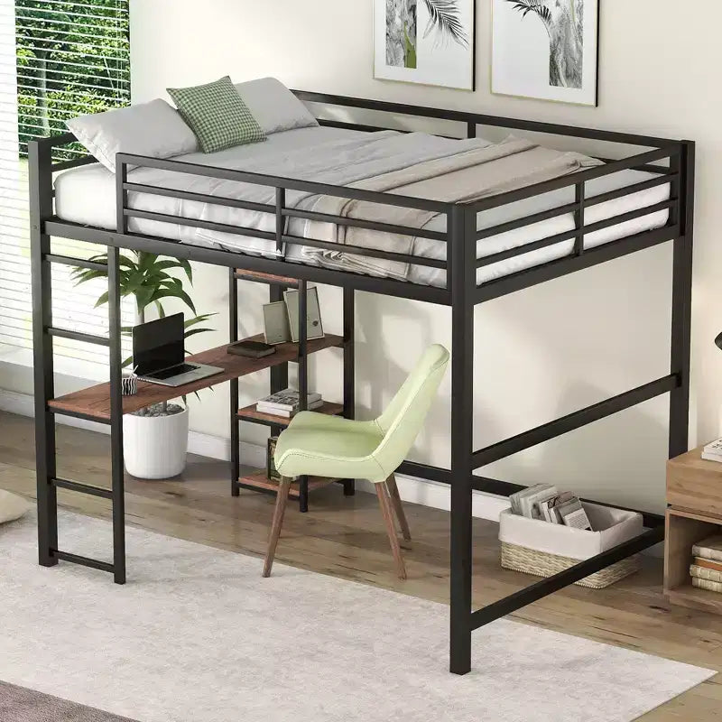 Whisen 77.8L x 56.2W Full Size Metal Loft Bed with Built-in Desk and Storage Shelves