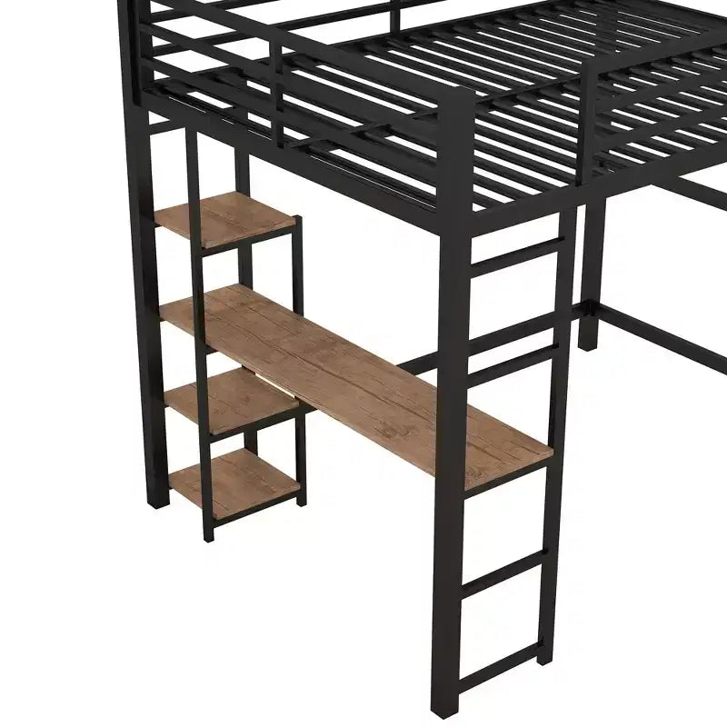 Whisen 77.8L x 56.2W Full Size Metal Loft Bed with Built-in Desk and Storage Shelves