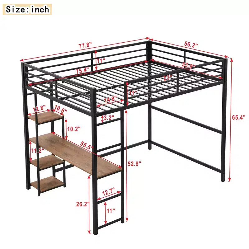 Whisen 77.8L x 56.2W Full Size Metal Loft Bed with Built-in Desk and Storage Shelves