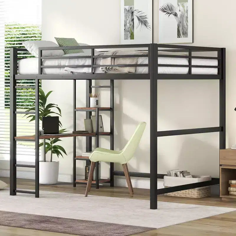 Whisen 77.8L x 56.2W Full Size Metal Loft Bed with Built-in Desk and Storage Shelves