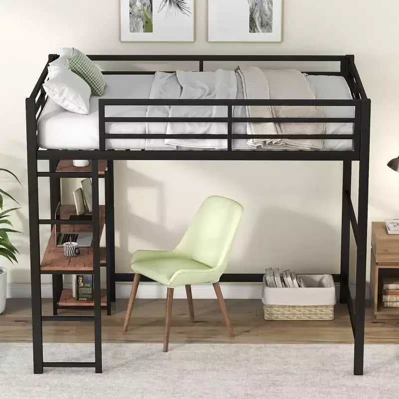 Whisen 77.8L x 56.2W Full Size Metal Loft Bed with Built-in Desk and Storage Shelves