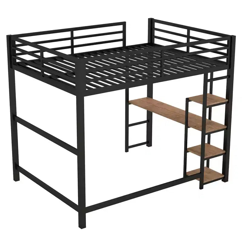 Whisen 77.8L x 56.2W Full Size Metal Loft Bed with Built-in Desk and Storage Shelves