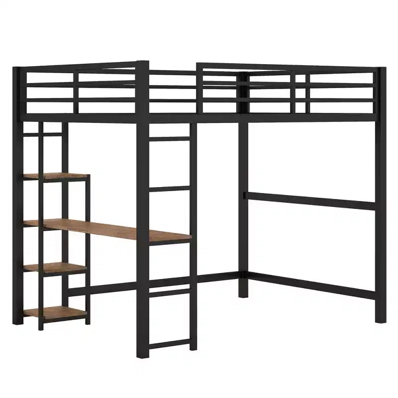 Whisen 77.8L x 56.2W Full Size Metal Loft Bed with Built-in Desk and Storage Shelves