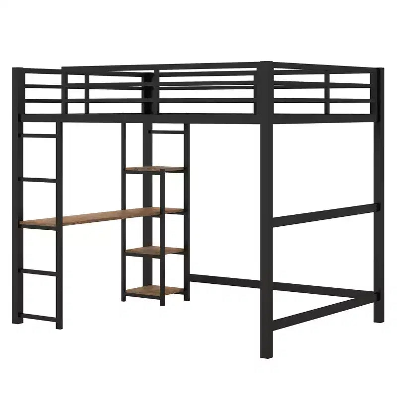 Whisen 77.8L x 56.2W Full Size Metal Loft Bed with Built-in Desk and Storage Shelves