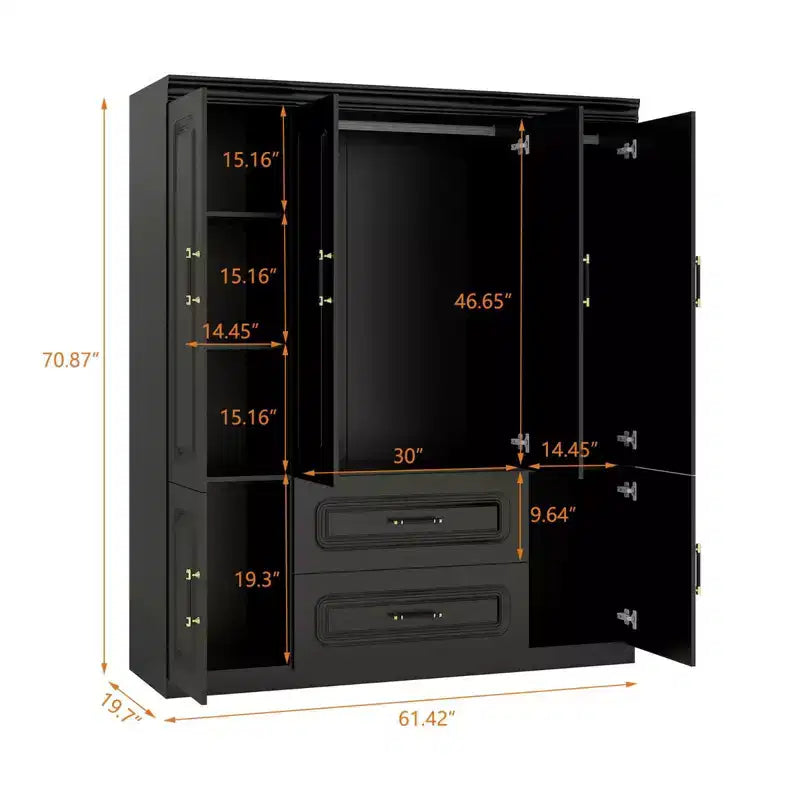 Keloyid Black Wood 61.42 in. Armoire with 2 Drawers and 6 Doors