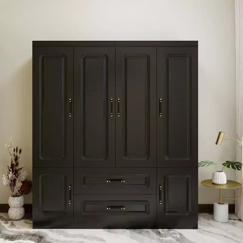 Keloyid Black Wood 61.42 in. Armoire with 2 Drawers and 6 Doors