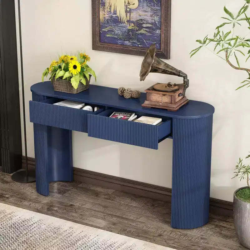 54W Console Table, Entryway Table with Oval Top and 2 Drawers, Retro Hallway Table with Fluted Design - ModernLuxe