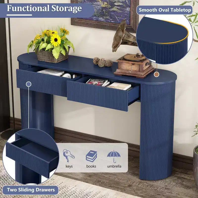 54W Console Table, Entryway Table with Oval Top and 2 Drawers, Retro Hallway Table with Fluted Design - ModernLuxe