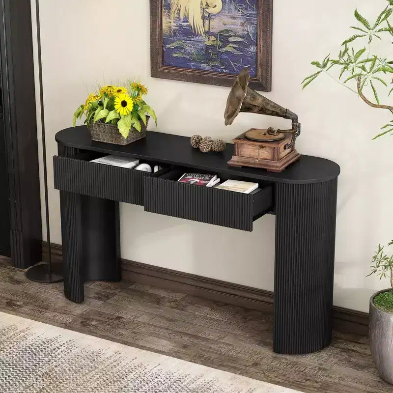 54W Console Table, Entryway Table with Oval Top and 2 Drawers, Retro Hallway Table with Fluted Design - ModernLuxe
