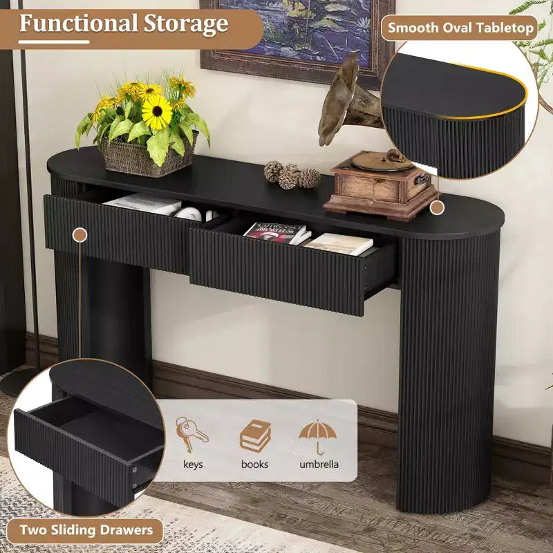 54W Console Table, Entryway Table with Oval Top and 2 Drawers, Retro Hallway Table with Fluted Design - ModernLuxe