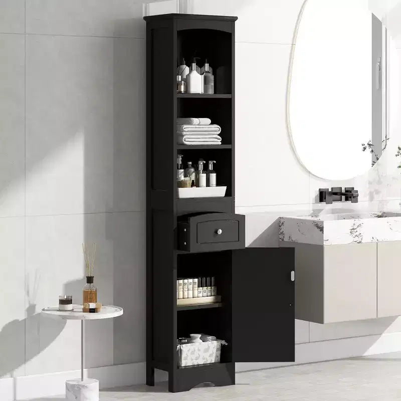 Whisen Verticle Bathroom Cabinet, Freestanding Storage Cabinet with Drawer and Adjustable Shelves