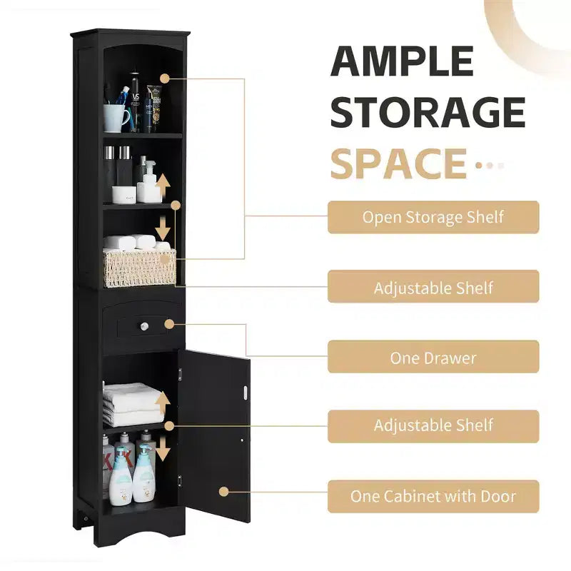 Whisen Verticle Bathroom Cabinet, Freestanding Storage Cabinet with Drawer and Adjustable Shelves
