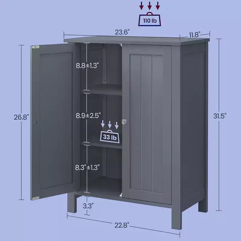 Slate Gray Freestanding Bathroom Floor Storage Cabinet - 11.8 x 23.6 x 31.5 Inches, with 2 Adjustable Shelves for Spacious Bathroom Storage
