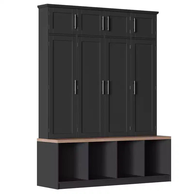 59''W Versatile Hall Tree Coat Rack Mudroom Bench Entryway Shoe Cabinet with Hooks, Wood Grain Bench and Multiple Storage Space,Black/White-ModernLuxe
