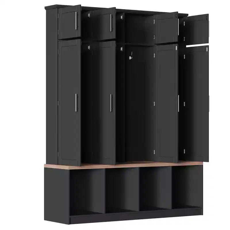 59''W Versatile Hall Tree Coat Rack Mudroom Bench Entryway Shoe Cabinet with Hooks, Wood Grain Bench and Multiple Storage Space,Black/White-ModernLuxe