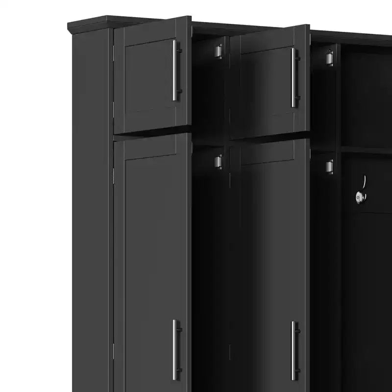59''W Versatile Hall Tree Coat Rack Mudroom Bench Entryway Shoe Cabinet with Hooks, Wood Grain Bench and Multiple Storage Space,Black/White-ModernLuxe