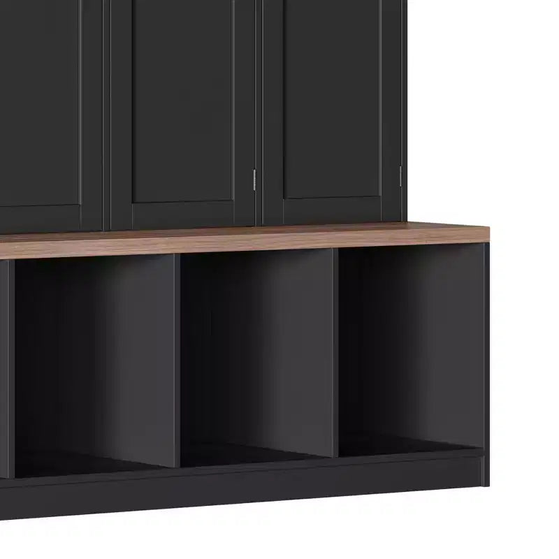 59''W Versatile Hall Tree Coat Rack Mudroom Bench Entryway Shoe Cabinet with Hooks, Wood Grain Bench and Multiple Storage Space,Black/White-ModernLuxe