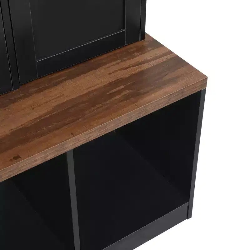 59''W Versatile Hall Tree Coat Rack Mudroom Bench Entryway Shoe Cabinet with Hooks, Wood Grain Bench and Multiple Storage Space,Black/White-ModernLuxe