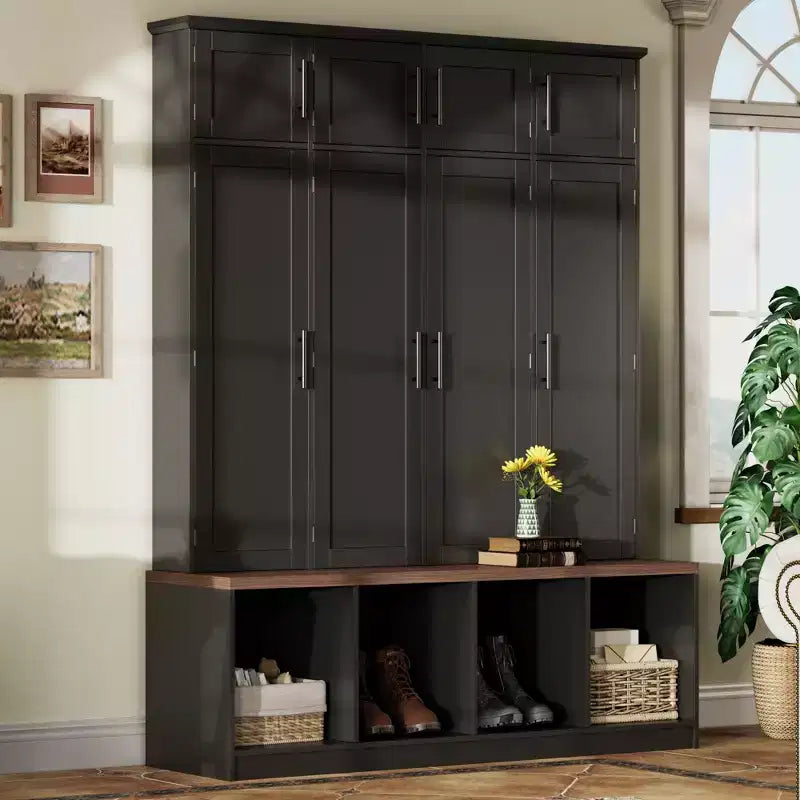 59''W Versatile Hall Tree Coat Rack Mudroom Bench Entryway Shoe Cabinet with Hooks, Wood Grain Bench and Multiple Storage Space,Black/White-ModernLuxe