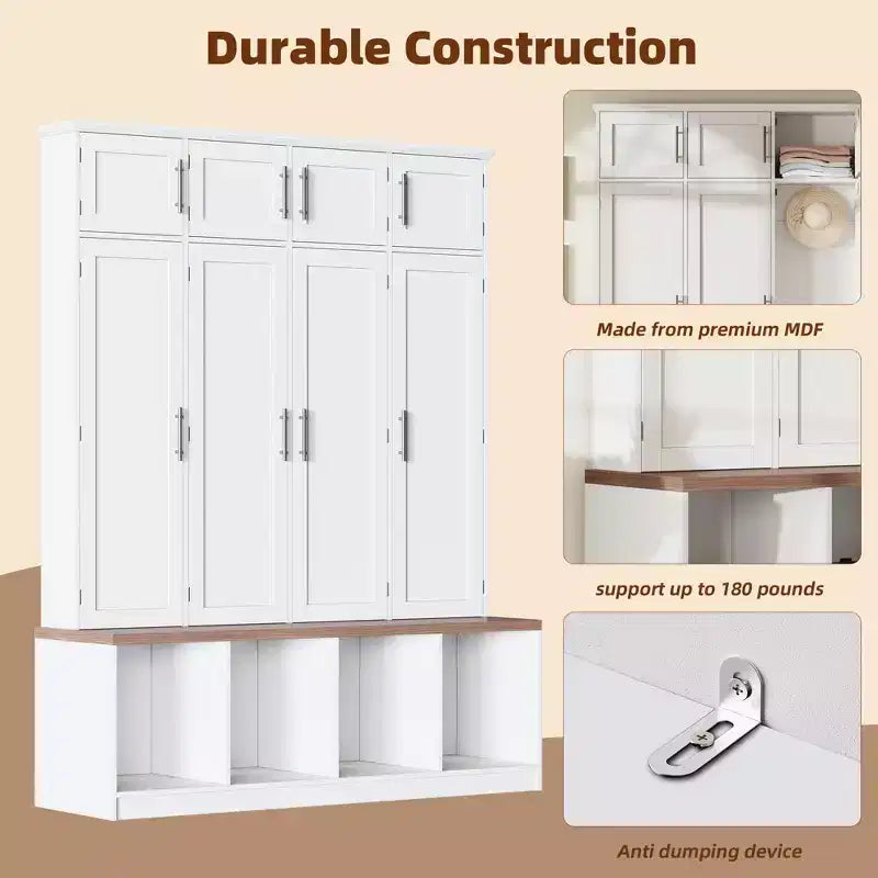 59''W Versatile Hall Tree Coat Rack Mudroom Bench Entryway Shoe Cabinet with Hooks, Wood Grain Bench and Multiple Storage Space,Black/White-ModernLuxe