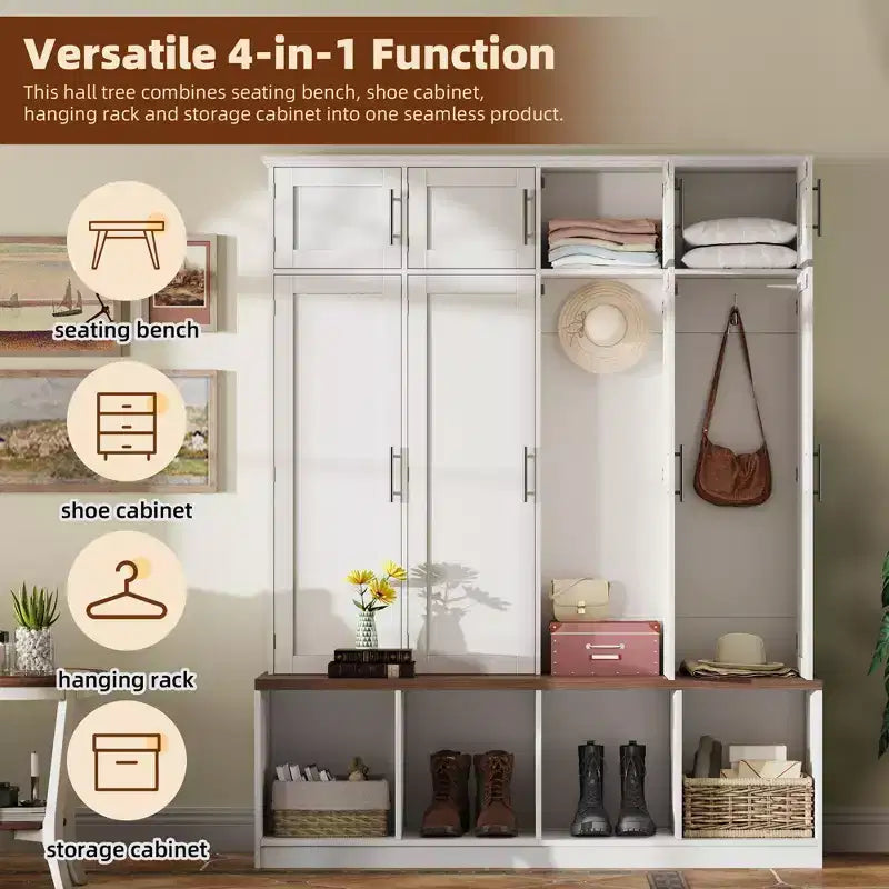 59''W Versatile Hall Tree Coat Rack Mudroom Bench Entryway Shoe Cabinet with Hooks, Wood Grain Bench and Multiple Storage Space,Black/White-ModernLuxe