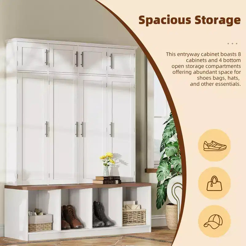 59''W Versatile Hall Tree Coat Rack Mudroom Bench Entryway Shoe Cabinet with Hooks, Wood Grain Bench and Multiple Storage Space,Black/White-ModernLuxe