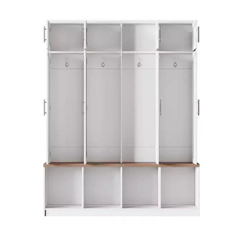 59''W Versatile Hall Tree Coat Rack Mudroom Bench Entryway Shoe Cabinet with Hooks, Wood Grain Bench and Multiple Storage Space,Black/White-ModernLuxe