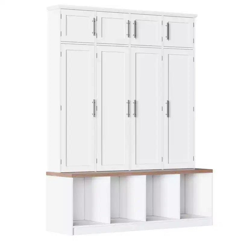 59''W Versatile Hall Tree Coat Rack Mudroom Bench Entryway Shoe Cabinet with Hooks, Wood Grain Bench and Multiple Storage Space,Black/White-ModernLuxe