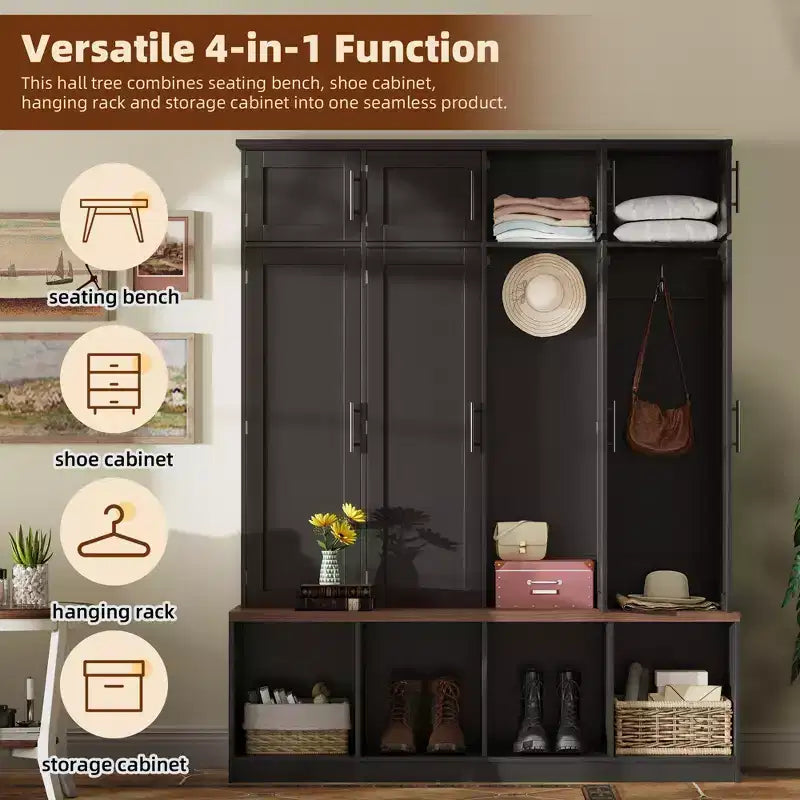 59''W Versatile Hall Tree Coat Rack Mudroom Bench Entryway Shoe Cabinet with Hooks, Wood Grain Bench and Multiple Storage Space,Black/White-ModernLuxe