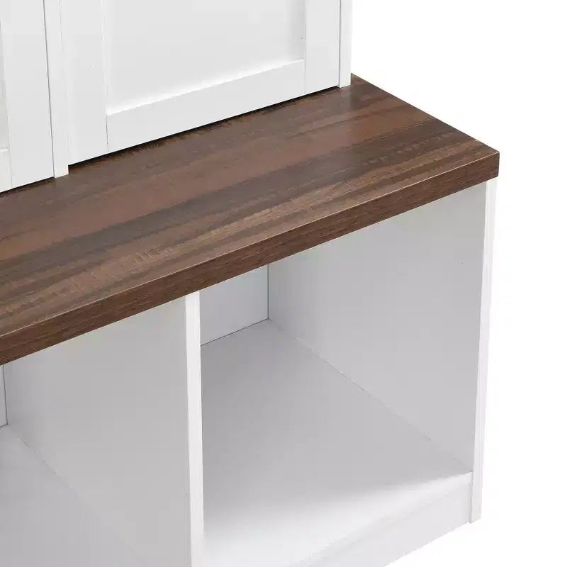 59''W Versatile Hall Tree Coat Rack Mudroom Bench Entryway Shoe Cabinet with Hooks, Wood Grain Bench and Multiple Storage Space,Black/White-ModernLuxe