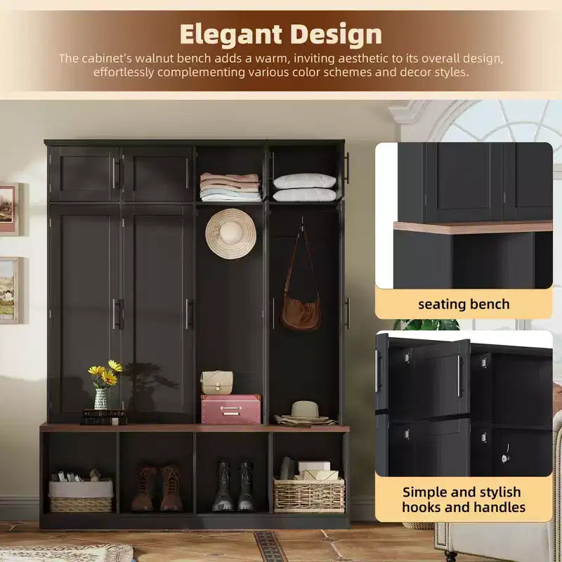 59''W Versatile Hall Tree Coat Rack Mudroom Bench Entryway Shoe Cabinet with Hooks, Wood Grain Bench and Multiple Storage Space,Black/White-ModernLuxe
