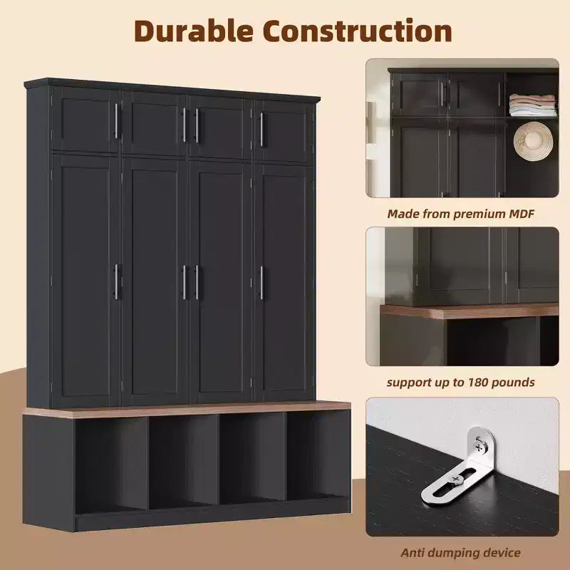 59''W Versatile Hall Tree Coat Rack Mudroom Bench Entryway Shoe Cabinet with Hooks, Wood Grain Bench and Multiple Storage Space,Black/White-ModernLuxe