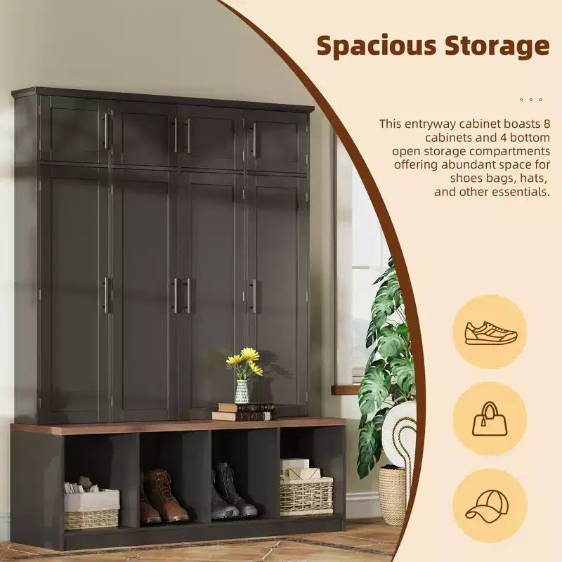 59''W Versatile Hall Tree Coat Rack Mudroom Bench Entryway Shoe Cabinet with Hooks, Wood Grain Bench and Multiple Storage Space,Black/White-ModernLuxe