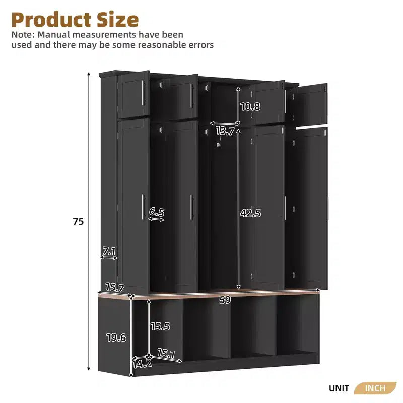 59''W Versatile Hall Tree Coat Rack Mudroom Bench Entryway Shoe Cabinet with Hooks, Wood Grain Bench and Multiple Storage Space,Black/White-ModernLuxe