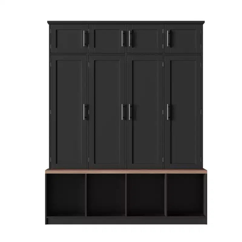 59''W Versatile Hall Tree Coat Rack Mudroom Bench Entryway Shoe Cabinet with Hooks, Wood Grain Bench and Multiple Storage Space,Black/White-ModernLuxe