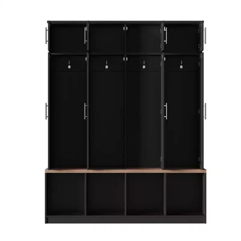 59''W Versatile Hall Tree Coat Rack Mudroom Bench Entryway Shoe Cabinet with Hooks, Wood Grain Bench and Multiple Storage Space,Black/White-ModernLuxe