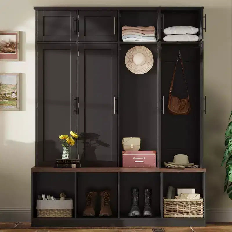 59''W Versatile Hall Tree Coat Rack Mudroom Bench Entryway Shoe Cabinet with Hooks, Wood Grain Bench and Multiple Storage Space,Black/White-ModernLuxe