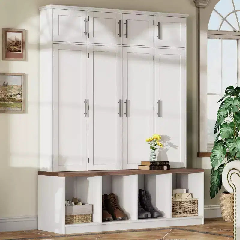 59''W Versatile Hall Tree Coat Rack Mudroom Bench Entryway Shoe Cabinet with Hooks, Wood Grain Bench and Multiple Storage Space,Black/White-ModernLuxe