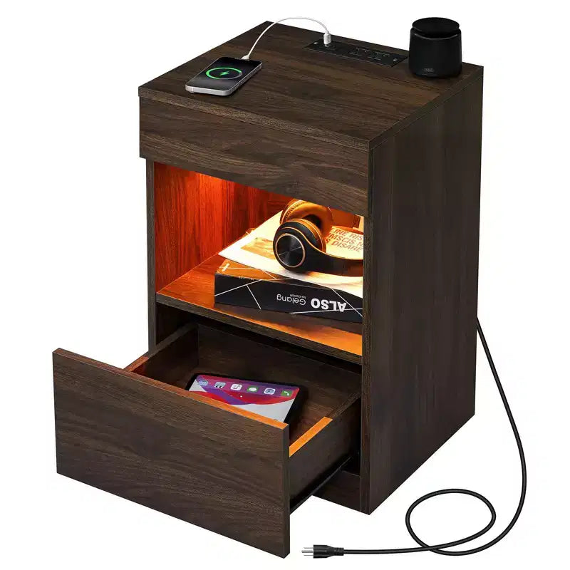 Hommpa Modern Open Shelf Nightstand with LED Light Charging Station & 2 Drawers