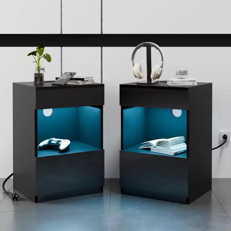 Hommpa Modern Open Shelf Nightstand with LED Light Charging Station & 2 Drawers
