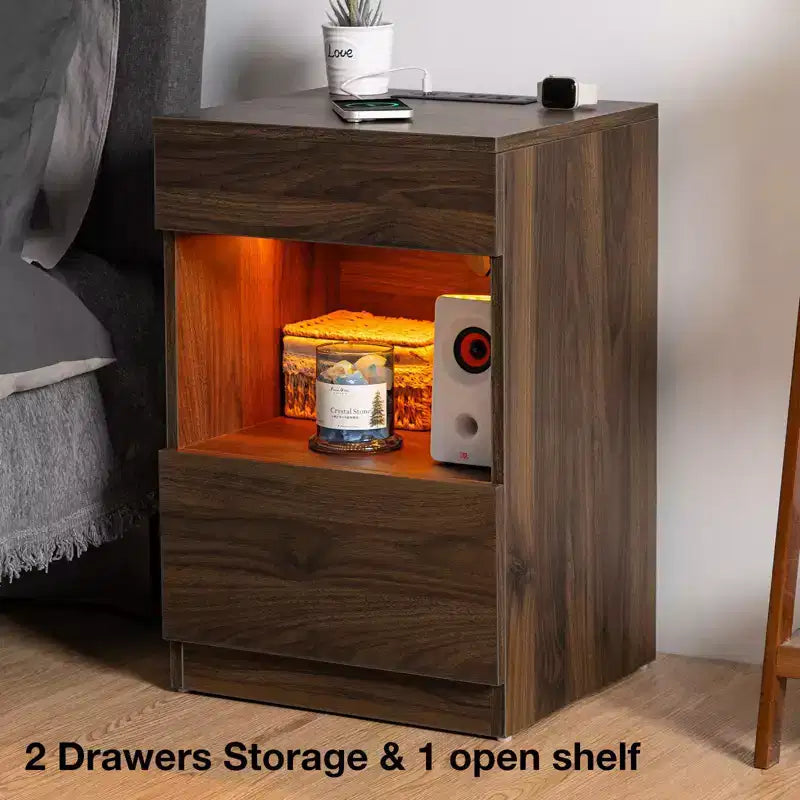 Hommpa Modern Open Shelf Nightstand with LED Light Charging Station & 2 Drawers