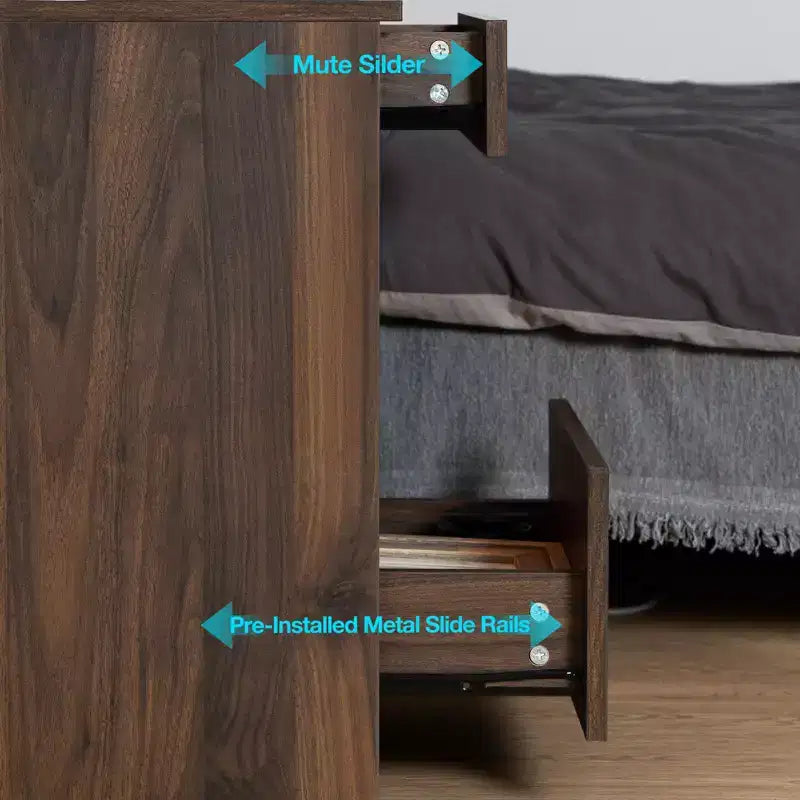 Hommpa Modern Open Shelf Nightstand with LED Light Charging Station & 2 Drawers