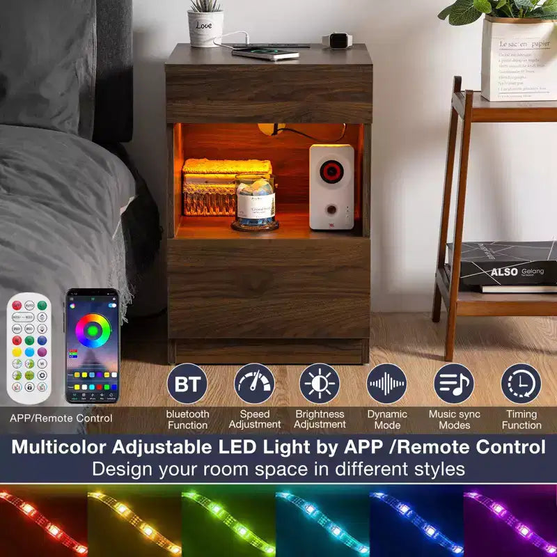 Hommpa Modern Open Shelf Nightstand with LED Light Charging Station & 2 Drawers