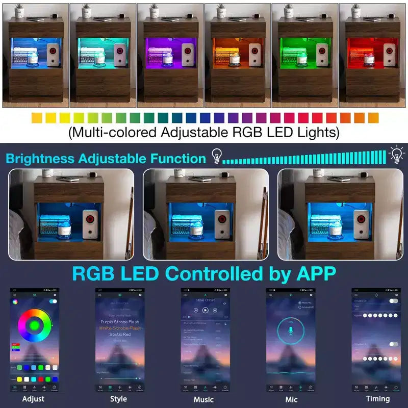 Hommpa Modern Open Shelf Nightstand with LED Light Charging Station & 2 Drawers