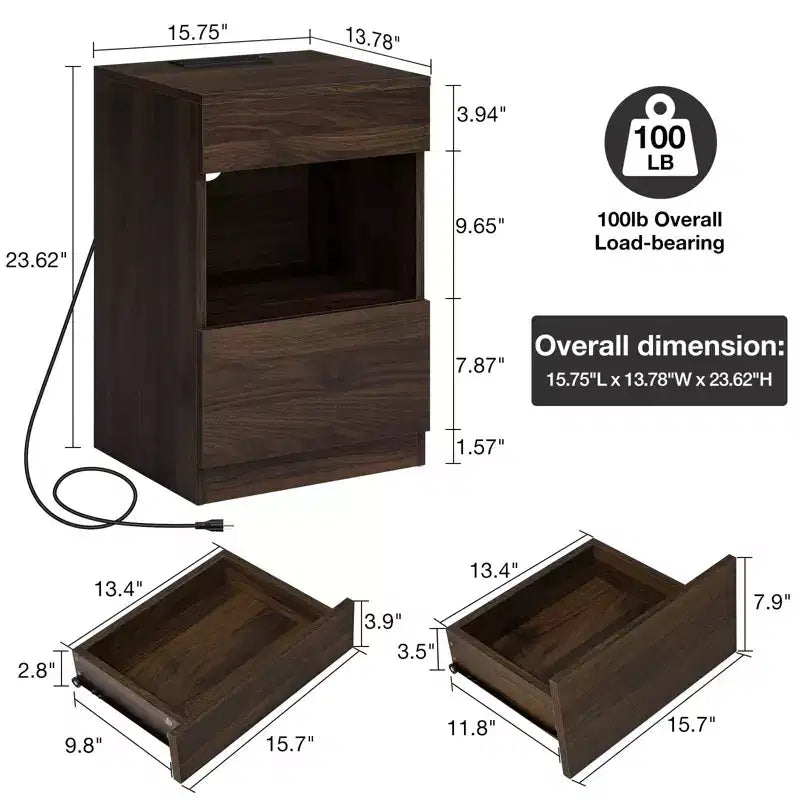Hommpa Modern Open Shelf Nightstand with LED Light Charging Station & 2 Drawers
