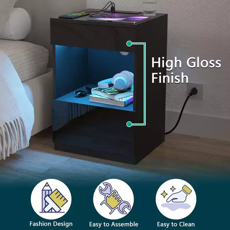Hommpa Modern Open Shelf Nightstand with LED Light Charging Station & 2 Drawers