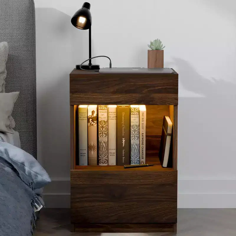 Hommpa Modern Open Shelf Nightstand with LED Light Charging Station & 2 Drawers